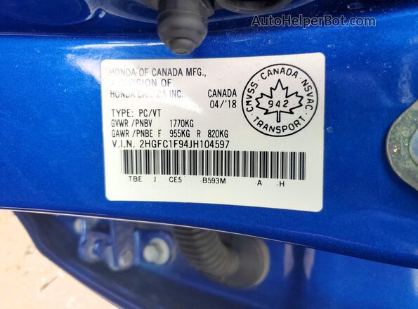 2HGFC1F94JH104597 2018 HONDA CIVIC Blue Vista del compartimento del motor