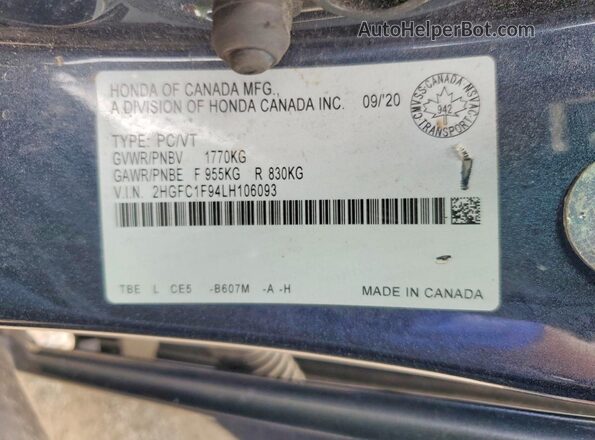 2HGFC1F94LH106093 2020 HONDA CIVIC Blue Շարժիչի բաժամունքի տեսք