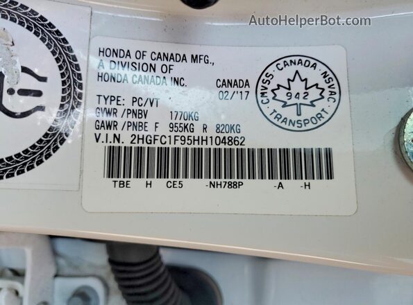 2HGFC1F95HH104862 2017 HONDA CIVIC White Vista de la etiqueta del VIN