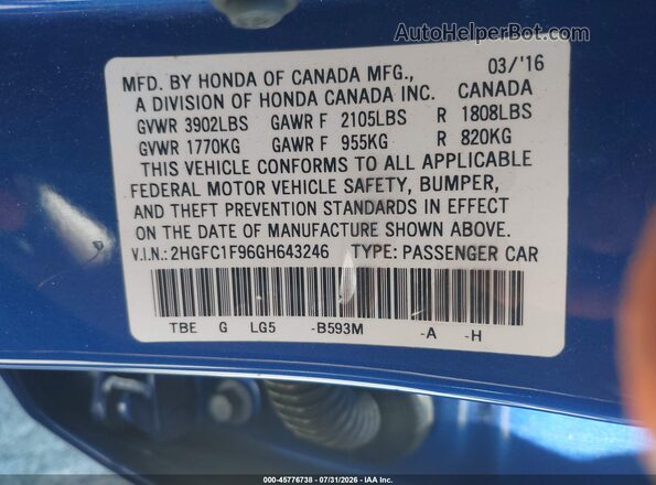 2HGFC1F96GH643246 2016 HONDA CIVIC Blue ძრავის განყოფილების ხედი