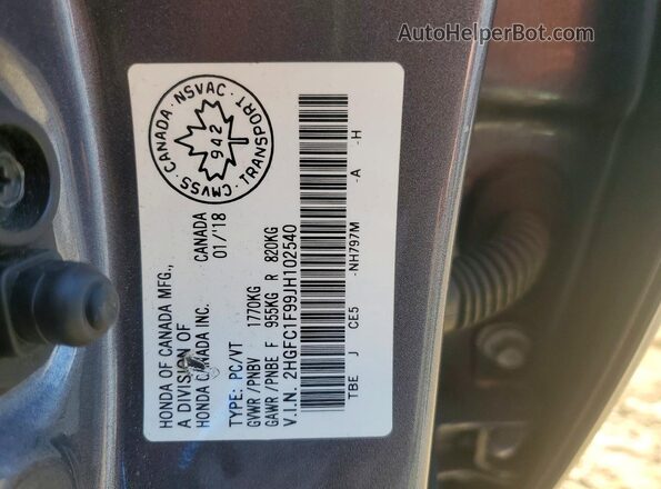 2HGFC1F99JH102540 2018 HONDA CIVIC Gray Вид наклейки з VIN-кодом