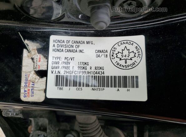 2HGFC1F99JH104434 2018 HONDA CIVIC Черный Вид наклейки с VIN-кодом