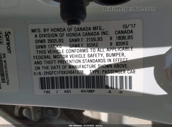 2HGFC1F9XJH641278 2018 HONDA CIVIC White Engine compartment view