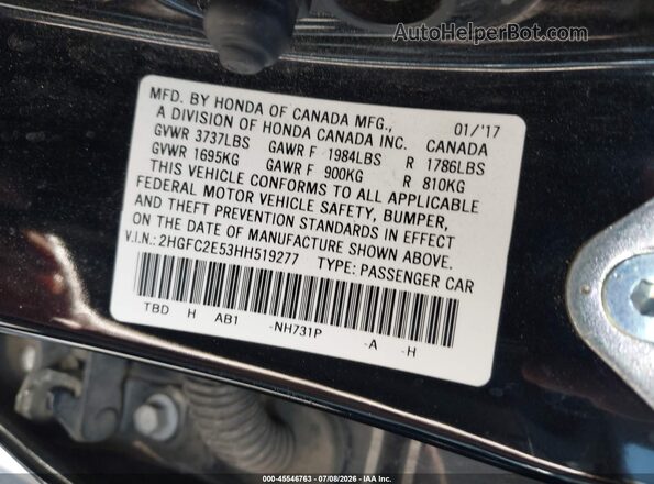 2HGFC2E53HH519277 2017 HONDA CIVIC Black Շարժիչի բաժամունքի տեսք