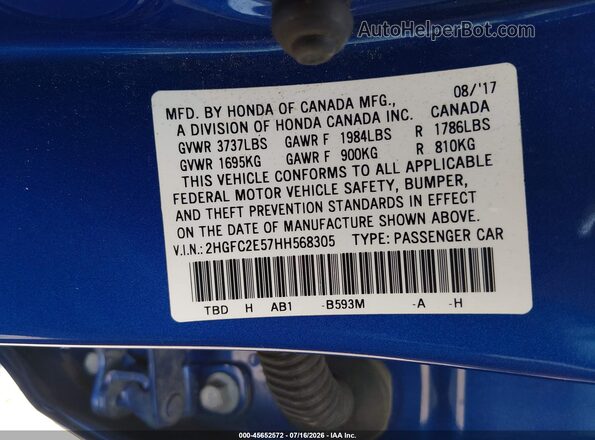 2HGFC2E57HH568305 2017 HONDA CIVIC Blue Vista del compartimento del motor
