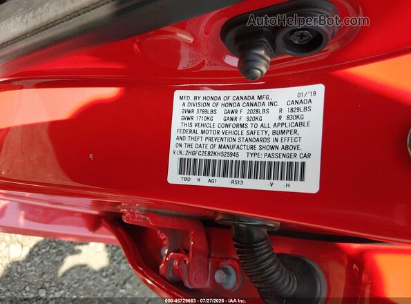 2HGFC2E82KH525945 2019 HONDA CIVIC Red ძრავის განყოფილების ხედი