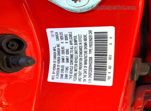 2HGFC2E87KH522006 2019 HONDA CIVIC Red Widok naklejki z numerem VIN