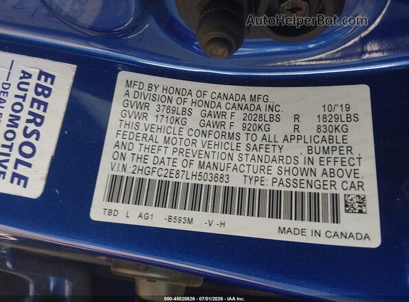 2HGFC2E87LH503683 2020 HONDA CIVIC Синий Вид подкапотного пространства
