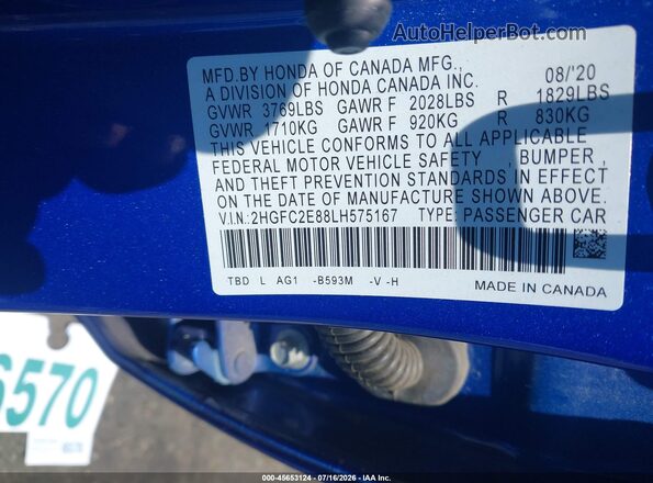 2HGFC2E88LH575167 2020 HONDA CIVIC Blue Widok komory silnika