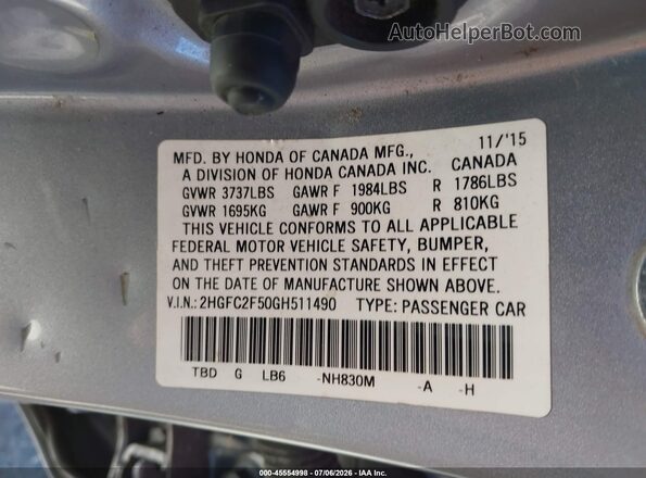 2HGFC2F50GH511490 2016 HONDA CIVIC Silver Engine compartment view