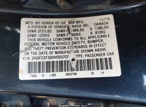 2HGFC2F50HH505707 2017 HONDA CIVIC Dark Blue Engine compartment view