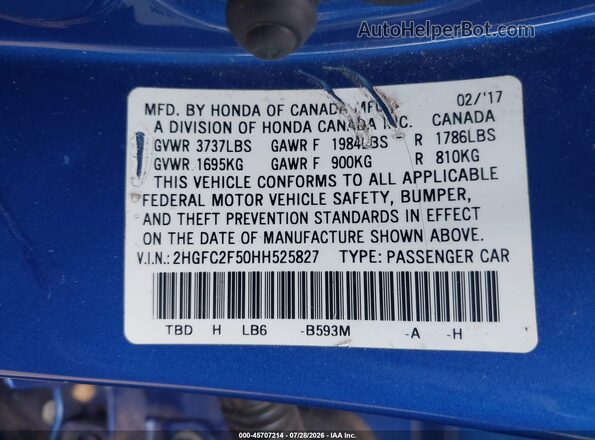 2HGFC2F50HH525827 2017 HONDA CIVIC Blue Vista del compartimento del motor