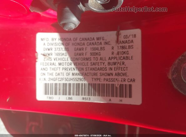 2HGFC2F50JH552905 2018 HONDA CIVIC Красный Вид подкапотного пространства