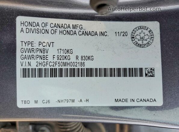 2HGFC2F50MH002186 2021 HONDA CIVIC Gray Вид підкапотного простору