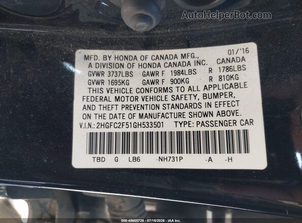 2HGFC2F51GH533501 2016 HONDA CIVIC Черный Вид подкапотного пространства
