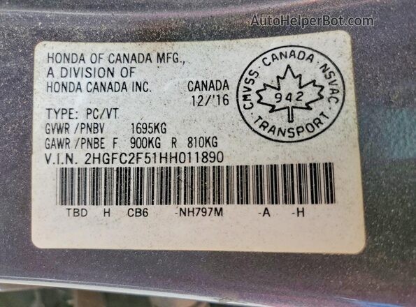 2HGFC2F51HH011890 2017 HONDA CIVIC Gray Widok komory silnika