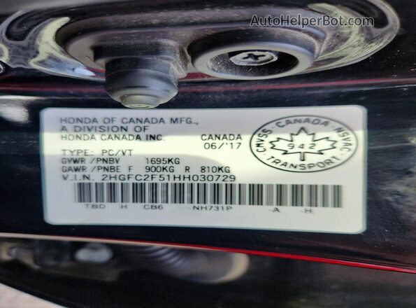 2HGFC2F51HH030729 2017 HONDA CIVIC Black Widok naklejki z numerem VIN