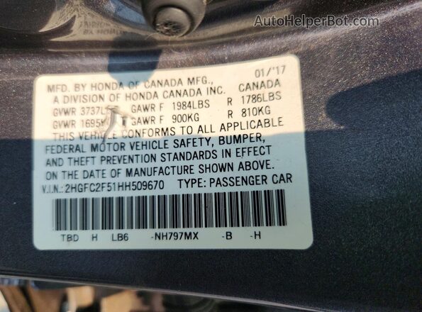 2HGFC2F51HH509670 2017 HONDA CIVIC Gray Vista de la etiqueta del VIN