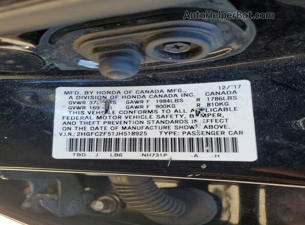 2HGFC2F51JH518925 2018 HONDA CIVIC Black Vista del compartimento del motor