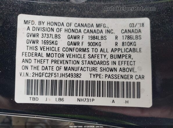 2HGFC2F51JH549382 2018 HONDA CIVIC Black ძრავის განყოფილების ხედი
