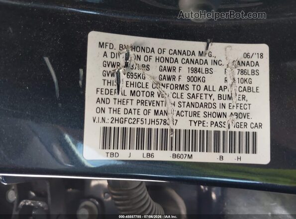 2HGFC2F51JH578087 2018 HONDA CIVIC Dark Blue Vista del compartimento del motor