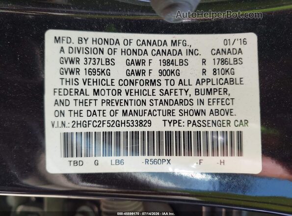 2HGFC2F52GH533829 2016 HONDA CIVIC Black Вид підкапотного простору