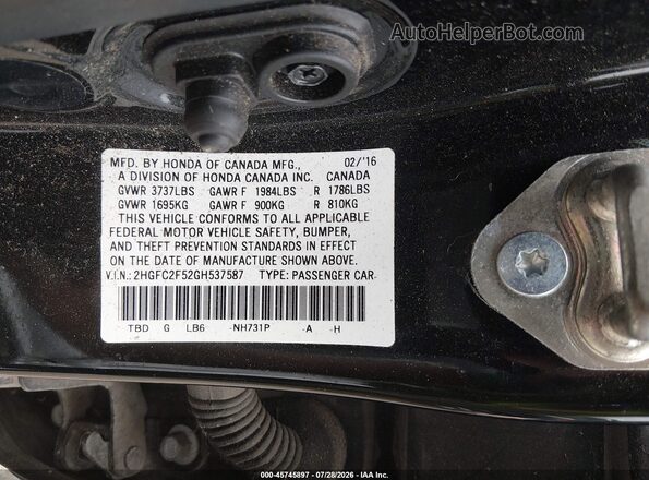 2HGFC2F52GH537587 2016 HONDA CIVIC Black Շարժիչի բաժամունքի տեսք