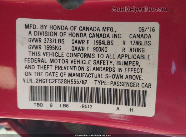 2HGFC2F52GH555782 2016 HONDA CIVIC Red Շարժիչի բաժամունքի տեսք