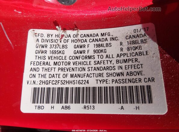 2HGFC2F52HH516224 2017 HONDA CIVIC Red Vista del compartimento del motor