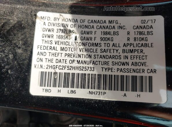 2HGFC2F52HH525733 2017 HONDA CIVIC Black Widok komory silnika