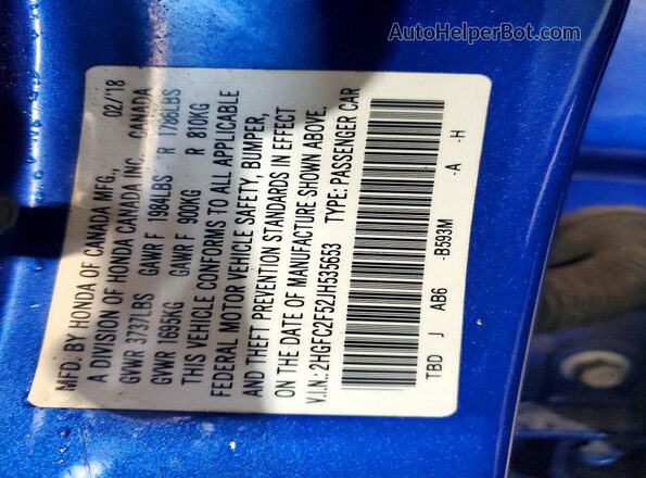 2HGFC2F52JH535653 2018 HONDA CIVIC Blue Vista del compartimento del motor