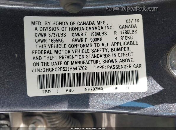 2HGFC2F52JH545762 2018 HONDA CIVIC Gray Widok komory silnika