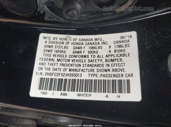 2HGFC2F52JH595013 2018 HONDA CIVIC Black Вид підкапотного простору