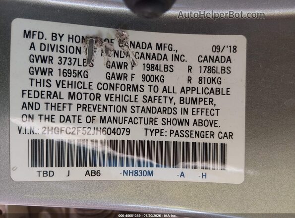 2HGFC2F52JH604079 2018 HONDA CIVIC Silver Вид підкапотного простору