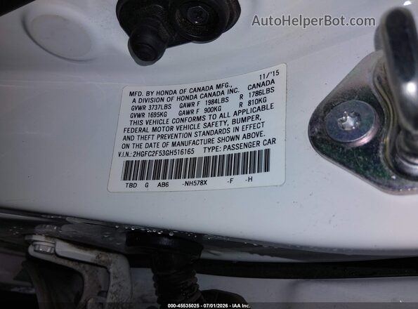 2HGFC2F53GH516165 2016 HONDA CIVIC White Vista del compartimento del motor