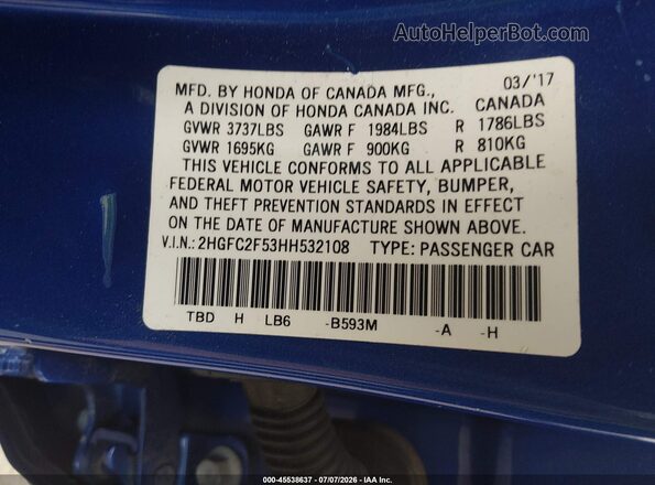 2HGFC2F53HH532108 2017 HONDA CIVIC Blue Widok komory silnika