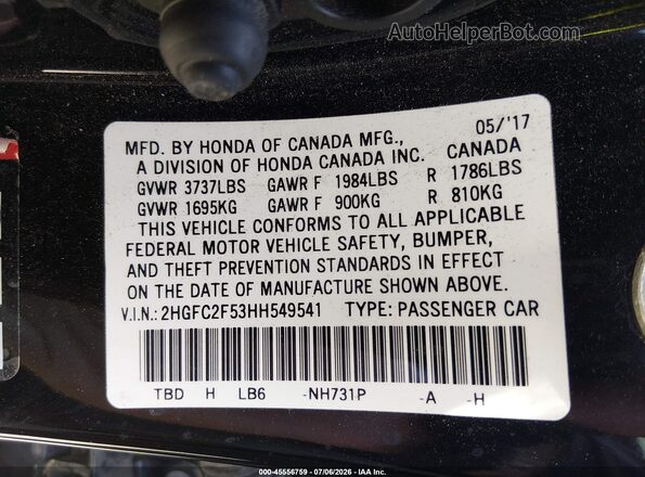 2HGFC2F53HH549541 2017 HONDA CIVIC Черный Вид подкапотного пространства