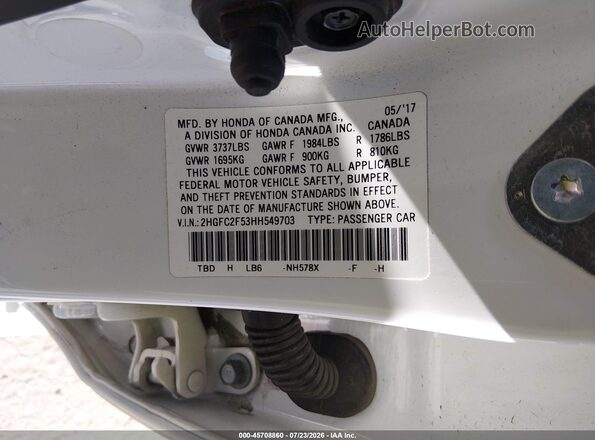 2HGFC2F53HH549703 2017 HONDA CIVIC Белый Вид подкапотного пространства