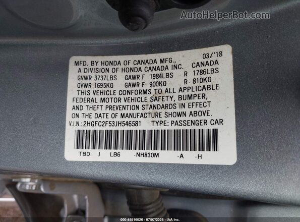 2HGFC2F53JH546581 2018 HONDA CIVIC Silver ძრავის განყოფილების ხედი