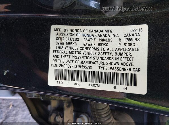 2HGFC2F53JH595781 2018 HONDA CIVIC Black Вид підкапотного простору