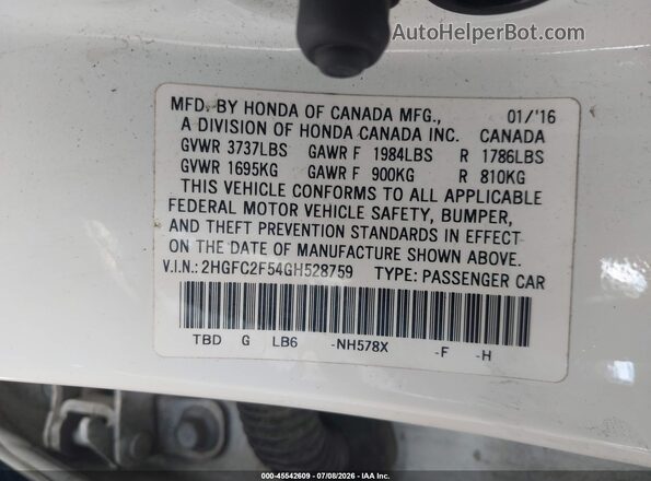 2HGFC2F54GH528759 2016 HONDA CIVIC White Engine compartment view