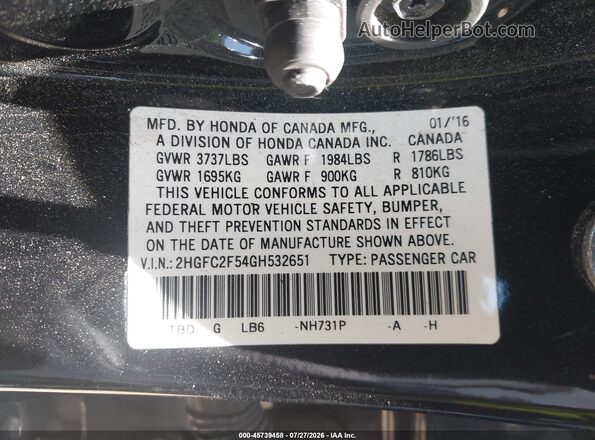 2HGFC2F54GH532651 2016 HONDA CIVIC Black Շարժիչի բաժամունքի տեսք