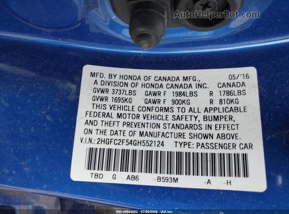2HGFC2F54GH552124 2016 HONDA CIVIC Blue Вид підкапотного простору
