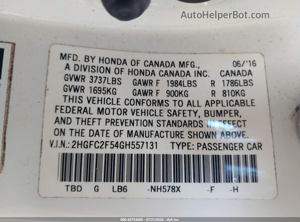 2HGFC2F54GH557131 2016 HONDA CIVIC White Вид підкапотного простору