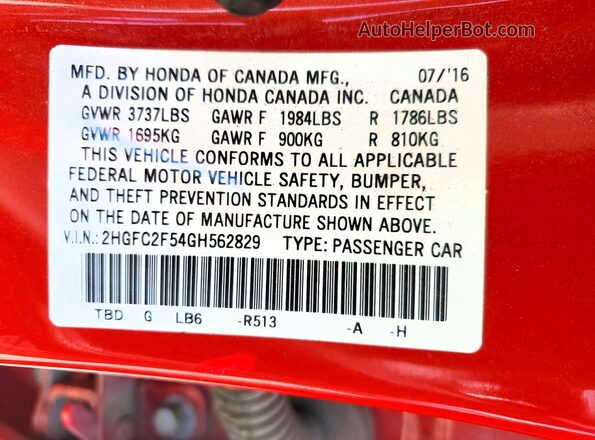 2HGFC2F54GH562829 2016 HONDA CIVIC Red ძრავის განყოფილების ხედი