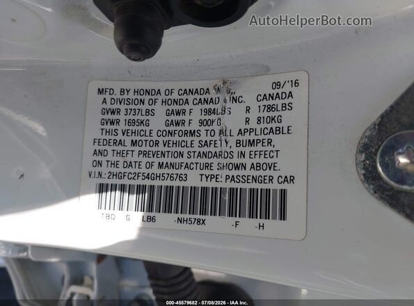 2HGFC2F54GH576763 2016 HONDA CIVIC White Вид підкапотного простору