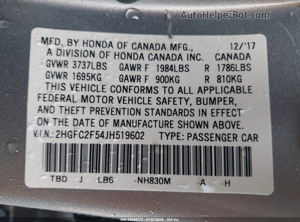 2HGFC2F54JH519602 2018 HONDA CIVIC Silver Vista del compartimento del motor