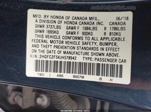 2HGFC2F54JH578942 2018 HONDA CIVIC Blue Вид підкапотного простору