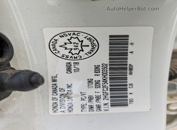 2HGFC2F54KH003502 2019 HONDA CIVIC Белый Вид наклейки с VIN-кодом