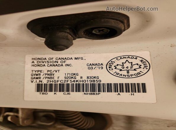 2HGFC2F54KH019859 2019 HONDA CIVIC Белый Вид подкапотного пространства